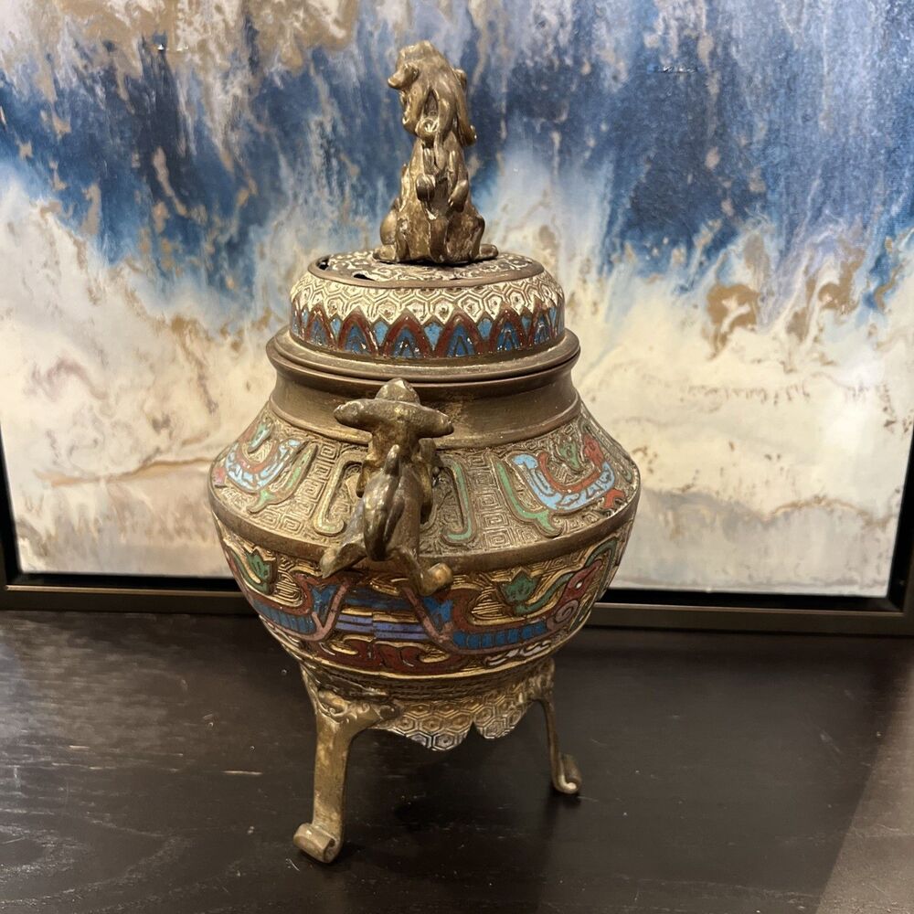 Qianlong Marked Copper Cloisonne Dragon Beast 2 Ear Incense Burner Censer - Picture 5 of 16